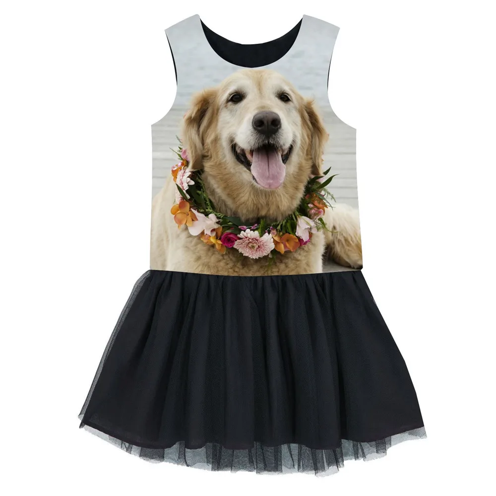 girls Dress clothes sleeveless print A Garland dog Children dress kids ...