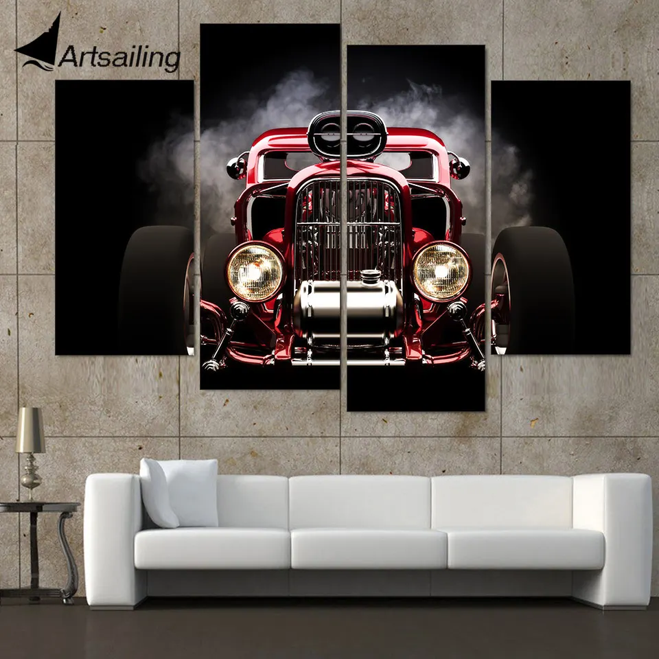 HD Printed Red Wheels Hot Rod Picture Painting Wall Art Room Decor