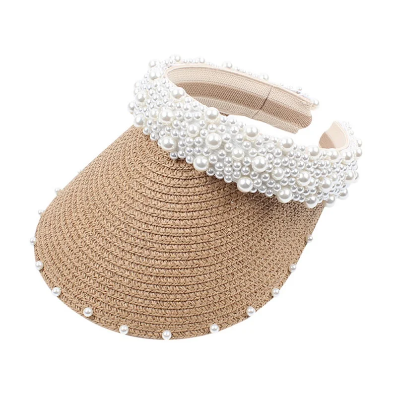 Summer Women Pearl Headband Hat Raffia Visor Caps For Girls Beach Hats Braided Fashion Cap Lady Summer Straw Sun Hat New