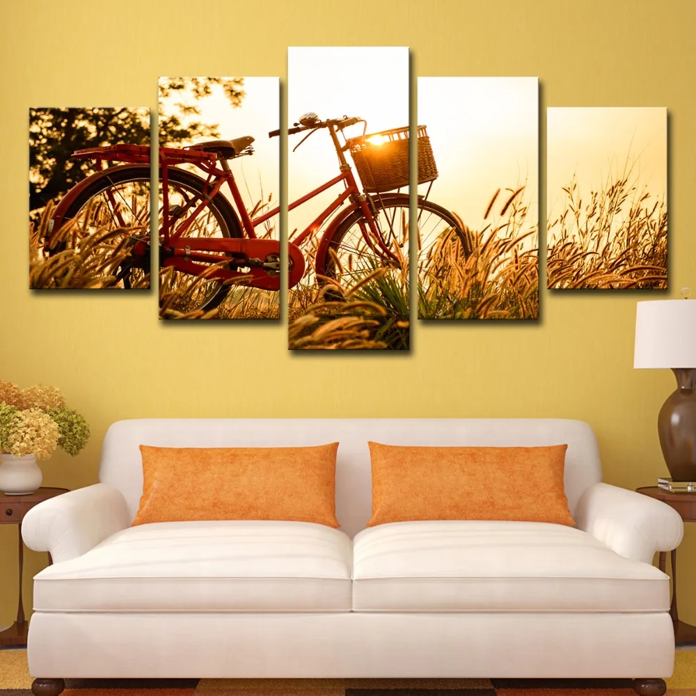 5P0111 Wall Art Canvas HD Prints Painting Home Decor 5 Pieces Sunrise Bicycle Dandelion Pictures Wheat Field Landscape Poster Framework 