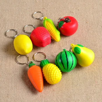 

Mobile phone hanging fruit Pu foam ball creative key chains, Watermelon pear lemon pineapple carrot corn apple tomato keychains
