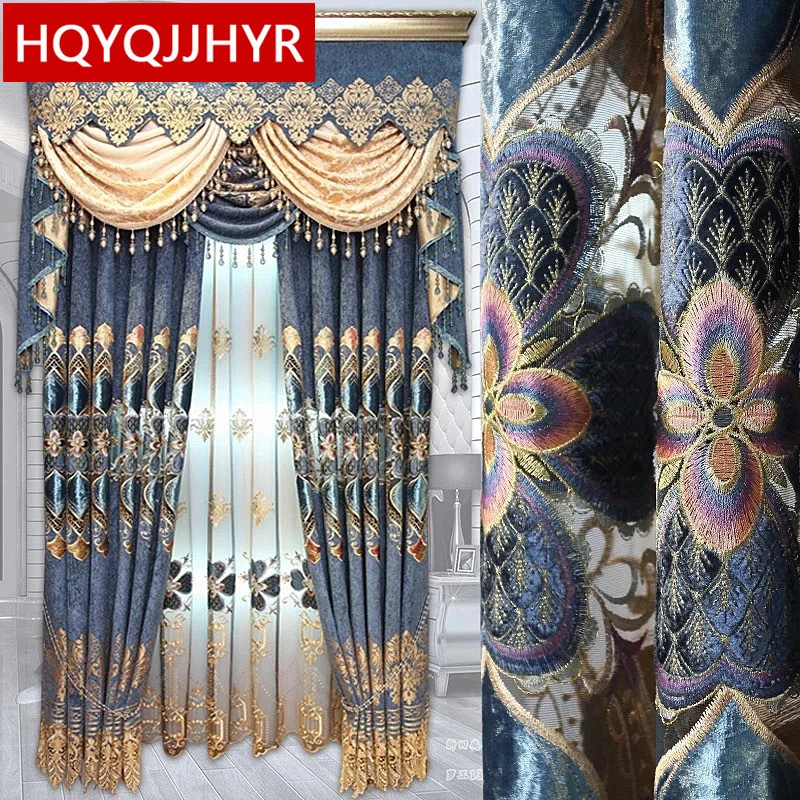 Royal classic aristocratic Blue embroidered high quality Blackout Curtains for Living Room with