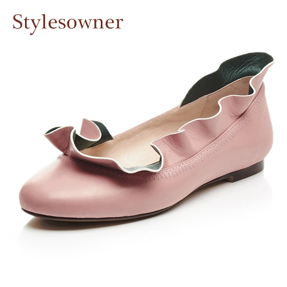 Stylesowner fashion women genuine leather ruffles ballet flat shoes