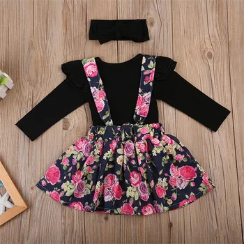 

Infant Baby Girl Long Sleeve Romper With Floral Braces Skirt And Headband 3 PCS Set