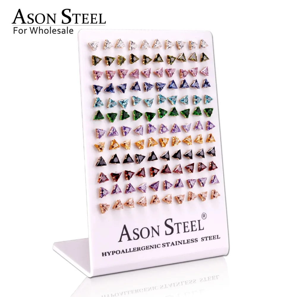 Асон сталь 60 пар/лот серьги из нержавеющей стали красочные Кристальные антиаллергенные треугольная серьга-гвоздик модные ювелирные изделия вечерние ювелирные изделия