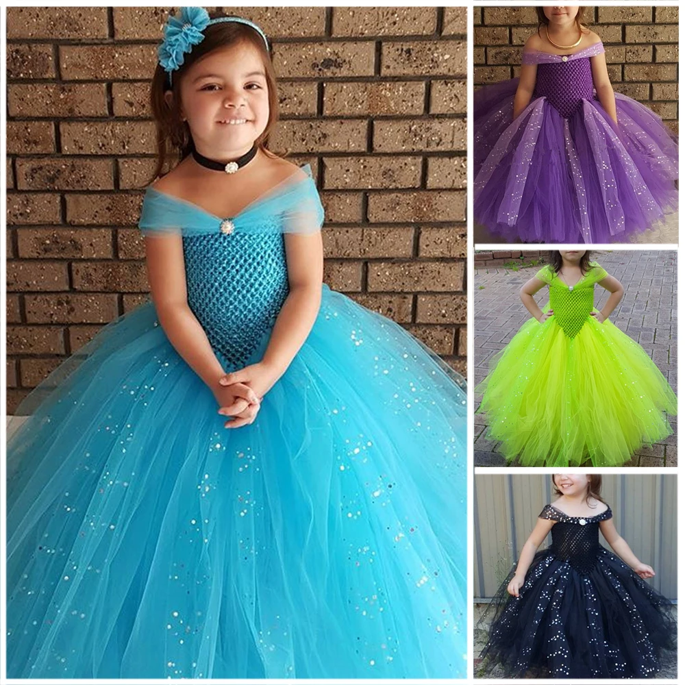 Sparkle Tulle Tutu Princess Cinderella Blue Dress Elegant Sleeveless Froze Elsa Cosplay Birthday Dress Vestido Baby Kids Clothes (11)