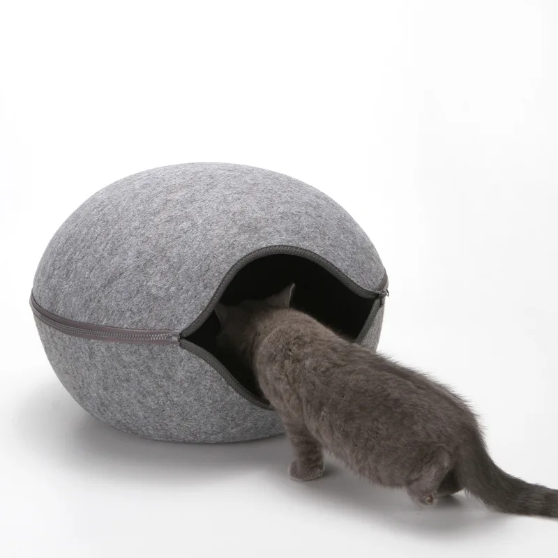 Online Forma de huevo perro gato camas gato saco de dormir cremallera fieltro paño invierno cálido casa para mascotas alrededor de nido de gato con almohadillas desmontables