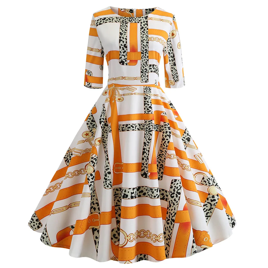 

Women Vintage 1950s Retro Half Sleeve Printing Evening Party Prom Swing Dress Casual Short Sleeve Bandage Party Dress Vestidos