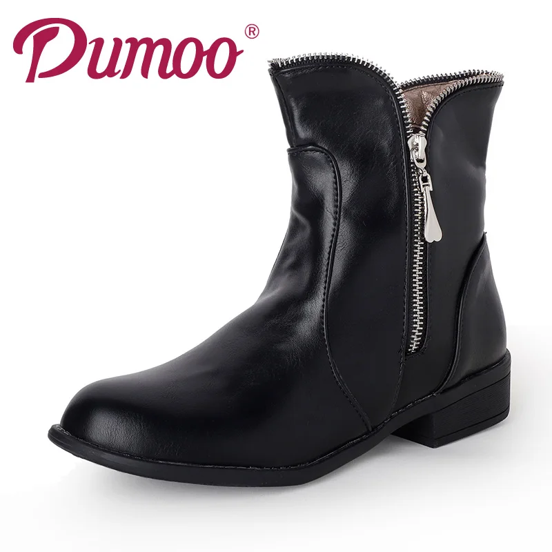

Dumoo 2018 Winter Short Boots Women Shoes Leather Ankle Boots Side Zipper Heel zapatos de mujer Big/Plus Size 41/42/43
