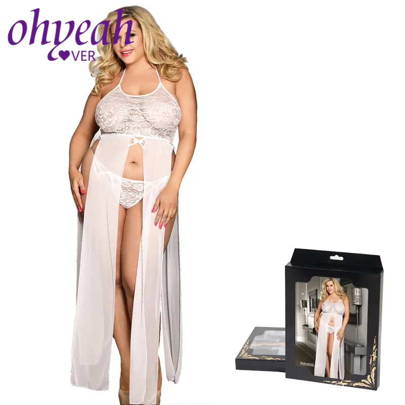Ohyeahlover Sexy Long Lingerie Dress Babydolls Hollow Out Erotic Costumes Lace Women Dress For Sex Plus Size Split Gown RM80666