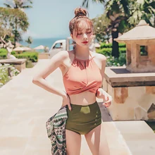 Летний женский купальный костюм из двух частей с высокой талией, собранный сексуальный тонкий купальник, скрывающий живот на шее, Пляжное бикини с v-образным вырезом