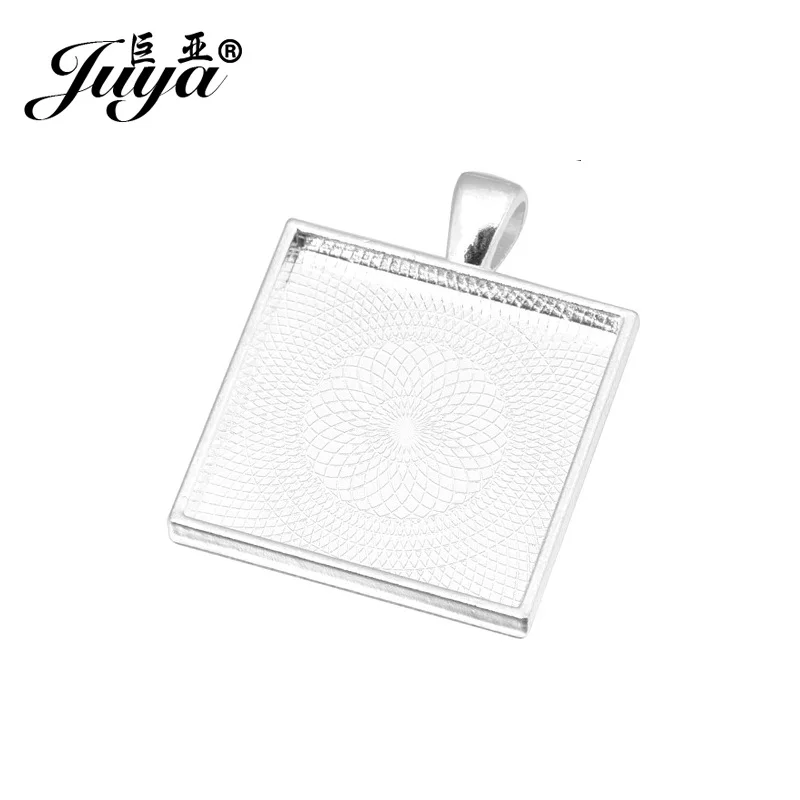 JUYA 10pcs/lot 25mm Square Cabochons Bases Settings Zinc Alloy Pendant Bezel Trays Fit 25mm Glass Cabochon DIY Necklace Making - Color: Silver