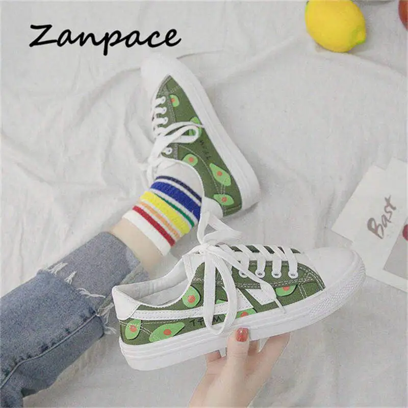 

2019 New Canvas Shoes Casual Fruit Off White Women Shoes Lace-Up Hand-painted Sneakers Students Fashion Wild Vulcanize Shoes