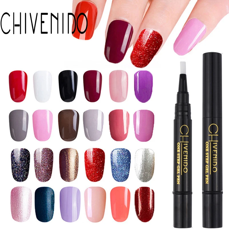 

CHIVENIDO 2pcs Newest 24 Colors Nail Varnish Pen Glitter Nail Polish Need Cured by UV LED Lamp Hybrid UV Nail Art Gel Lacquer