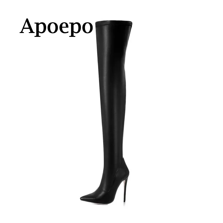 

New Brand 2018 Hot Selling Black leather high heel boots sexy pointed toe over the knee boots woman thigh high boots