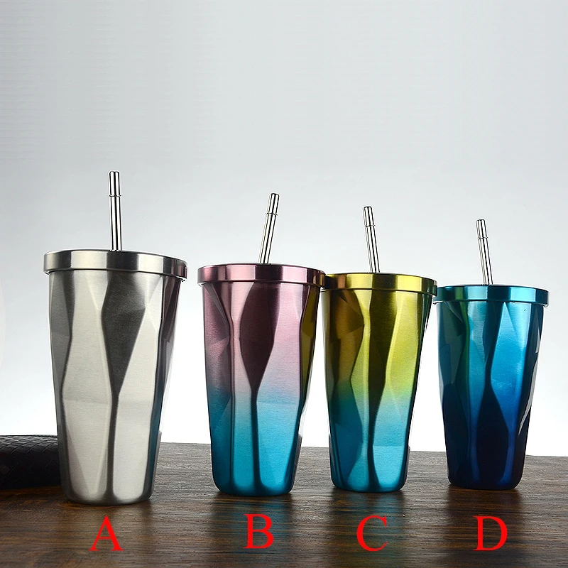 500mL Cafe cup Vacuum Cup with Straw Thermo Mug Thermos tea Mugs Coffee