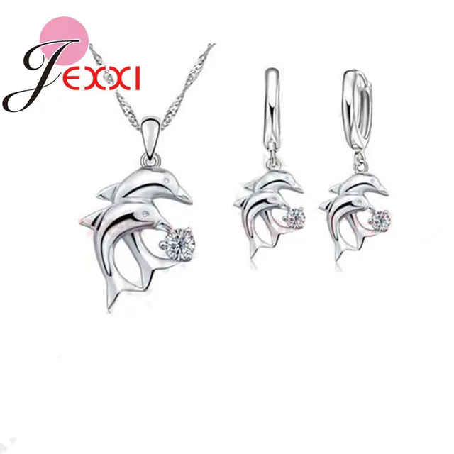 

Doule Dolphin Jewelry Sets 925 Sterling Silver Jewellery White Cubic Zirconia Pendant Necklace Lever Back Earring