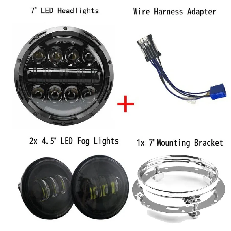 J0080-T Black 7 дюймов светодиодный проектор фар+ 4," Туман вспомогательные огни для Harley Softail Electra Road King/Yamaha Royal Star 1300 - Цвет: J0080-T Black