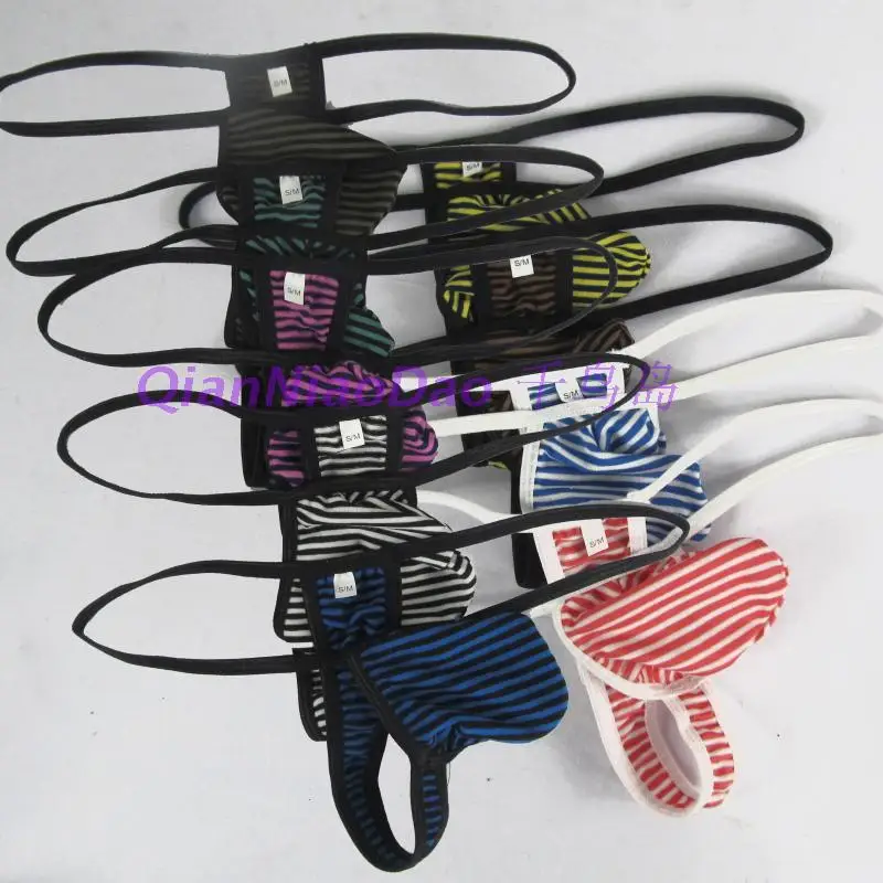 

Mens sexy thong pouch low-waist narrow band soft polyester cotton small stripe