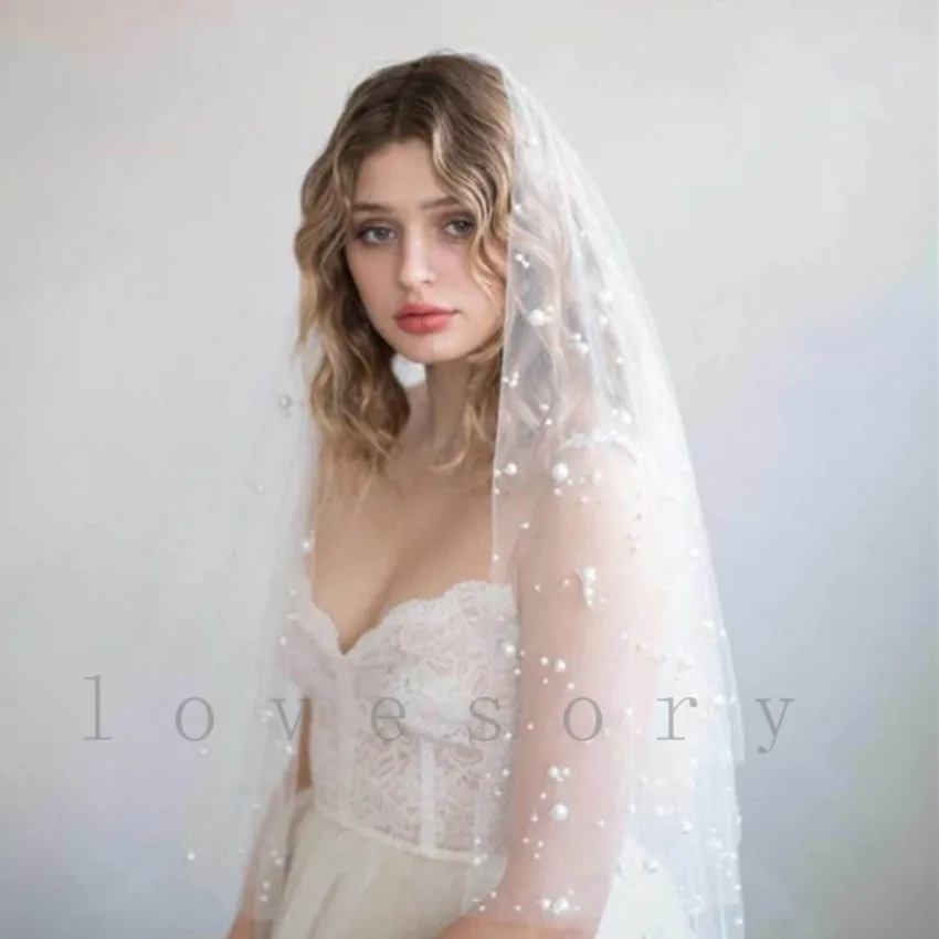 

New One Layer Short Wedding Veil Bridal Veil With Pearls Sluier 1.5 Meters Beaded Voile Mariage perle