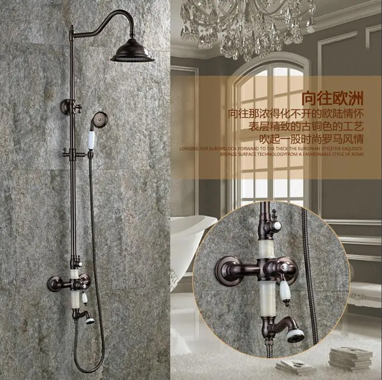 NEW Luxury Jade Deco Oil Rubbed Bronze Bath Rainfall Shower Faucet Set Tub Mixer Tap shower faucet with Hand Spray M2029