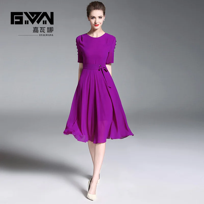 

women dress Half Sleeves Belt A-Line Purple Chiffon Dress Fashion Elegance,office Lady and Party summer Dresses.