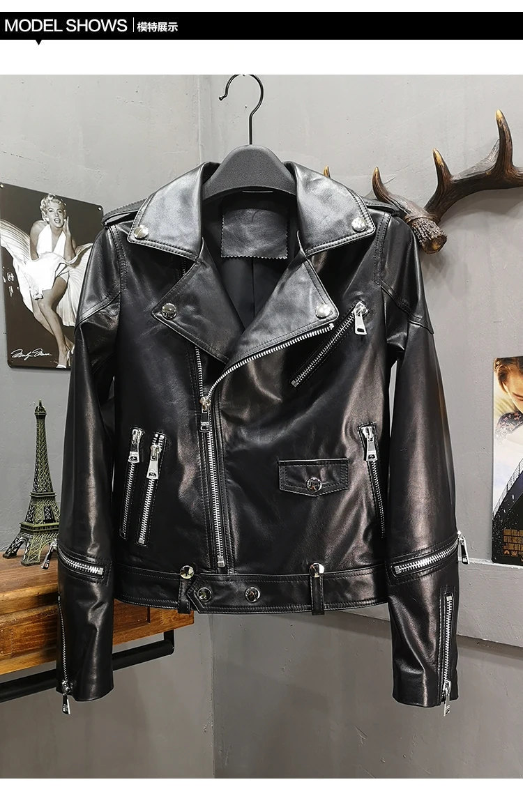 Новинка, весенне-осенняя куртка из натуральной овчины, Женская мотоциклетная короткая куртка из натуральной кожи, черная куртка W1760