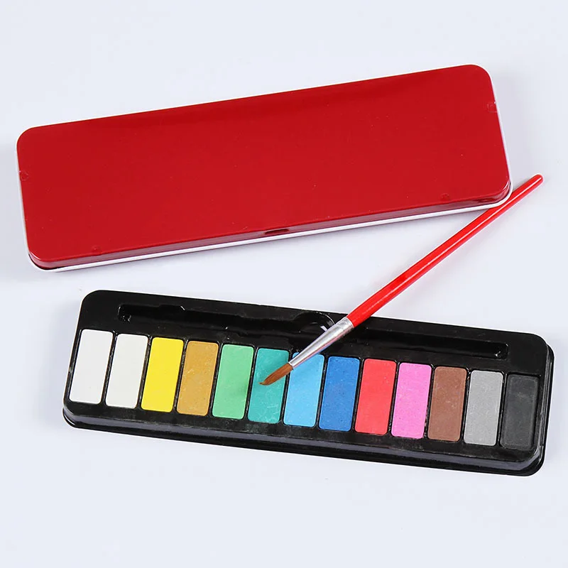 

13 Colors+1 Pc Brush Portable Tin Box Solid Watercolor Paints Set for Kids Student Painting Stationery Art Supplies