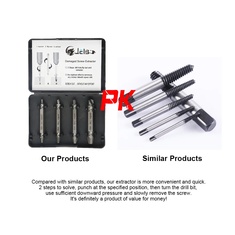 JelBo Damaged Screw Extractor Drill Bits Set Easy Out Broken Bolt Remover Screw Extractor Kit, 4Pcs/Set HSS Speed Out Drill Bits JelBo Damaged Screw Extractor Drill Bits Set Easy Out Broken Bolt Remover Screw Extractor Kit, 4Pcs/Set HSS Speed Out Drill Bits