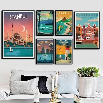 

Canvas Art Painting Wall Home Decor New York Netherlands Amsterdam London Vintage Travel Cities Landscape Poster for Living Room