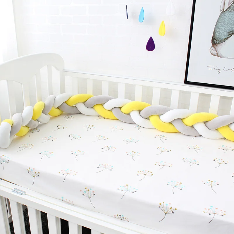 Детский бампер смешанных цветов, тканая плюшевая подушка, защита для кроватки для новорожденных, декор для детской комнаты, от промежности до кроватки, 4 или 3 косички - Цвет: YellowGreyWhite