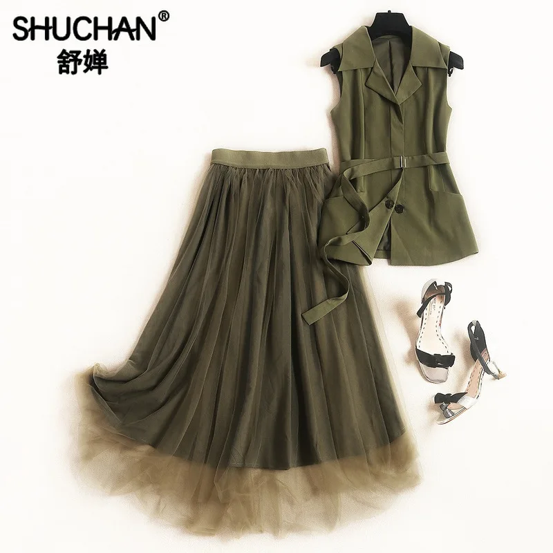

Shuchan 2 Piece Sets Womens Outfits Army Green Vest+skirts Elastic Waist Summer Suit Female Fashionable Sets for Women 51332