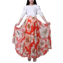 Весна Лето Новая мода Винтаж Богемия шифон с цветочным принтом женские длинные пляжные макси Вечерние свободные Расклешенная юбка S6Q1711