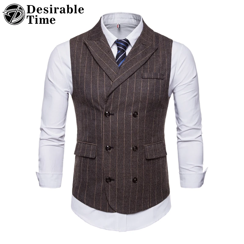 Mens Wedding Suit Vest Striped Party Gilet Brown Casual Waistcoat Hip