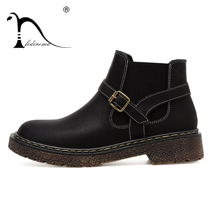 

FEDIROMA Winter Ankle Shoes Casual Women Beef tendon Flat Boots Buckle Starp Round Toe Slip-on Autumn Shoes Woman Booties