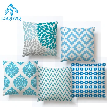

Decorative Throw Pillow Square Shape Sky Blue Green Geometric Linen Cushion Cover Decoration For Sofa Home Car Almofadas 45x45cm
