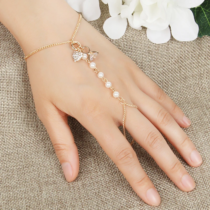 

Hot summer Bracelet Linked finger loop imitation pearls Chain gold heart with zircon elegant wire harness hand for women