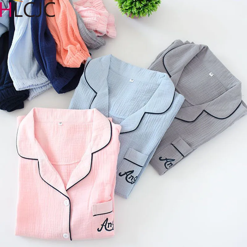 

New Spring Autumn Men's and Women's 100% Cotton Gauze Crepe Pajamas Sets Soft Warm Pijama Couple Sleepwear Nightly Home Clothing