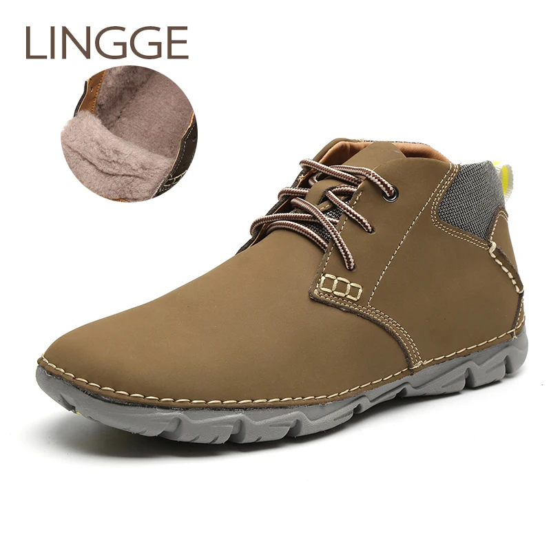 Comprar LINGGE marca nieve zapatos hombres zapatos 100% de cuero genuino de piel de los hombres botas hecho a mano Plus tamaño de los hombres zapatos casuales zapatos de tobillo de arranque