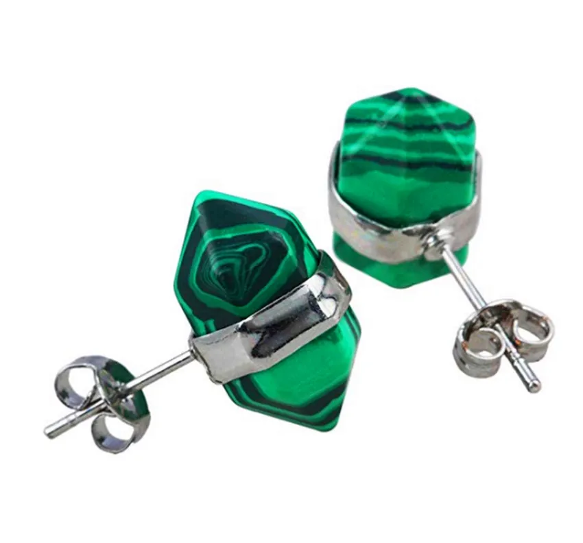 

FYJS Unique Silver Plated Small Hexagon Column Malachite Stone Stud Earrings Modern Accessories
