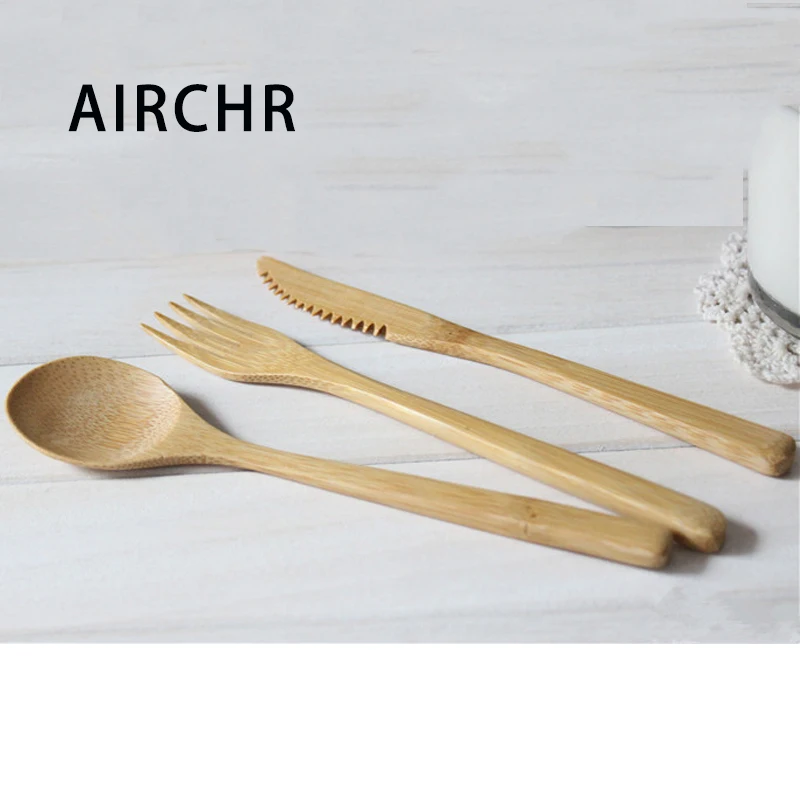

AIRCHR NEW ARRIVAL Bamboo Tableware 30pcs(10 set) 100% Natural Bamboo Spoon Fork Knife Set Wooden Dinnerware