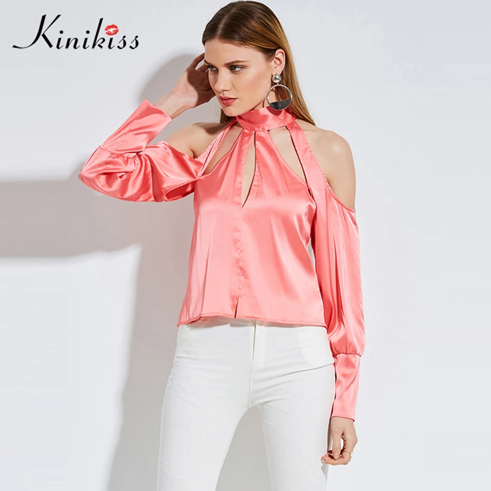 Kinikiss Women Backless Blouse Sexy Imitation Silk Pink
