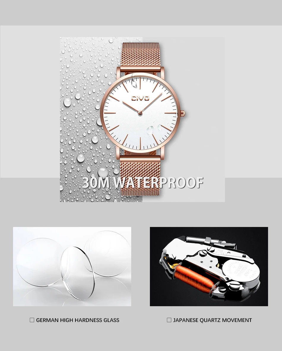 CIVO модные деловые мужские и женские часы Стальные сетчатые Кварцевые черные часы водонепроницаемые наручные часы ультра тонкие спортивные классические часы