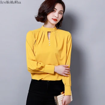 

AreMoMuWha Chiffon Shirt Female Long Sleeve 2019 Spring and Autumn New Korean Version of The Collar Solid Color Shirt Tide QX898