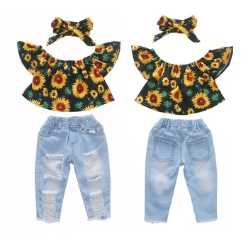 

Kids Sets Summer Kids Baby Girl Casual Off-shoulder Design Floral T-shirt Tops Denim Trousers Headband Outfits Set