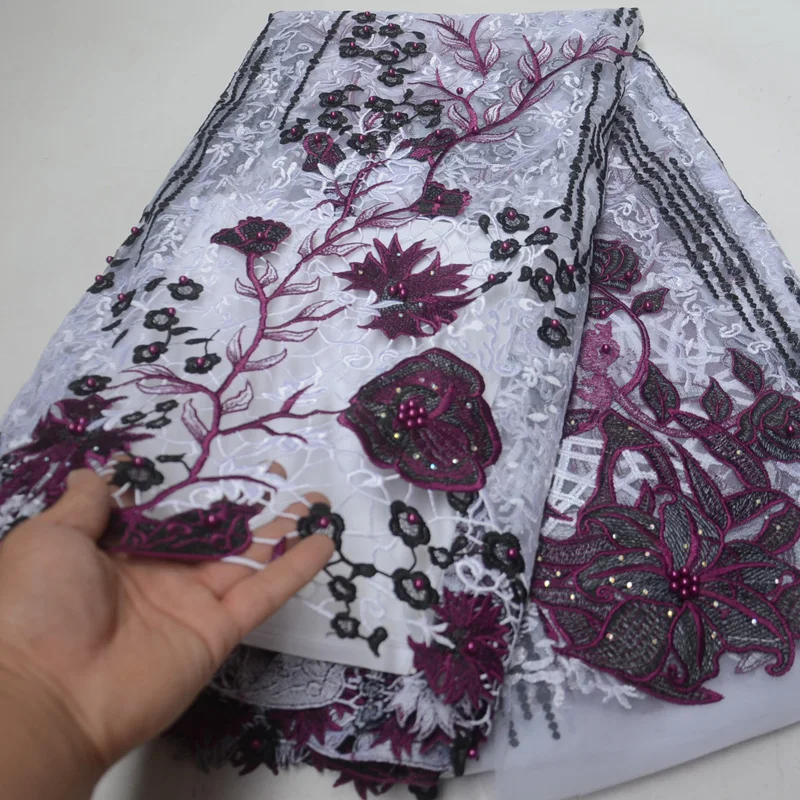 

11 colors 2019 latest African French net lace fabric with very beautiful embroidery and beads white purple tulle lace FLP133