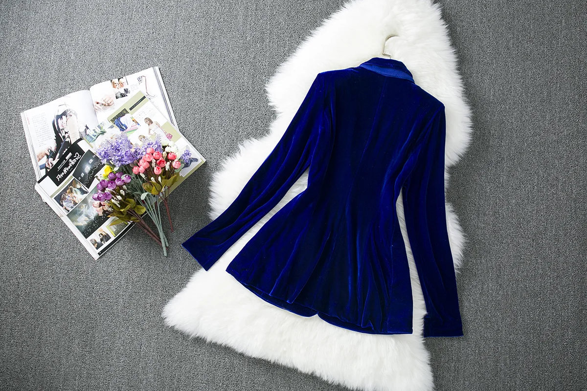 2019 autumn winter original single European American women brand velvet gun collar repair women jacket women fashion blue suit