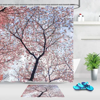 

Beautiful Cute Cherry blossoms Pink Flower Shower Curtain and 12 Hooks Kids Sets Bathroom mat Waterproof Polyester Cloth Fabric