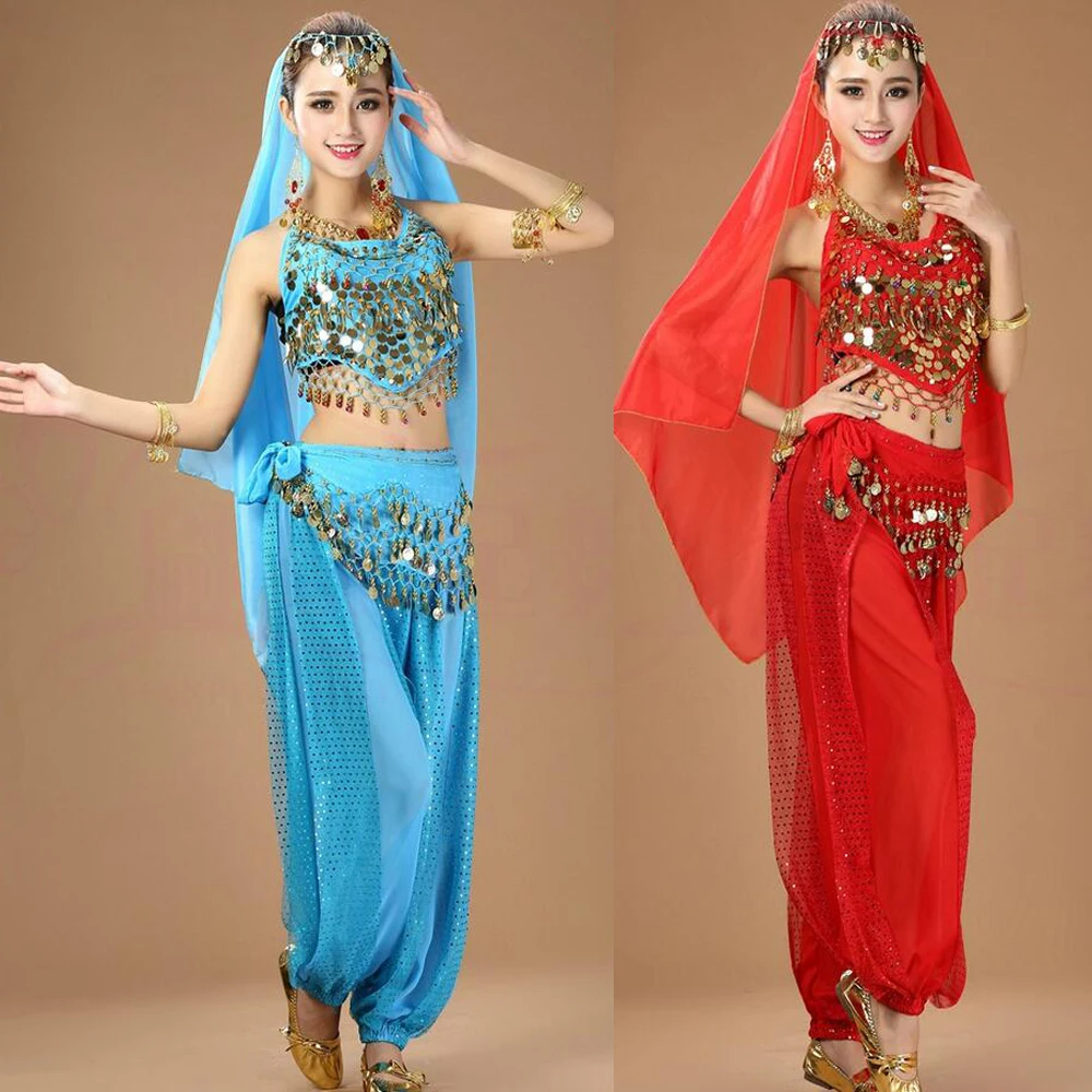 Girls Sequined Ballroom Bollywood Dancing dress Indian Belly Party Dance wear Costumes Suits Set For Women Chiffon belly Outfits