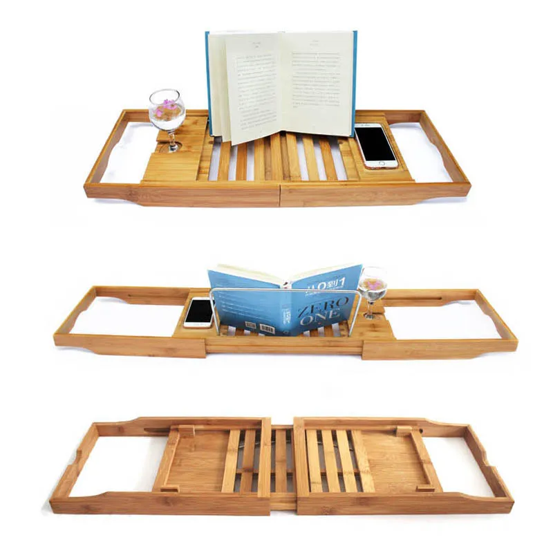 

Bamboo Wooden Bathtub Tray Adjustable Bathroom Organizer Reading Rack Tablet Holder Cellphone Wine Glass Holder Luxury Enjoyment